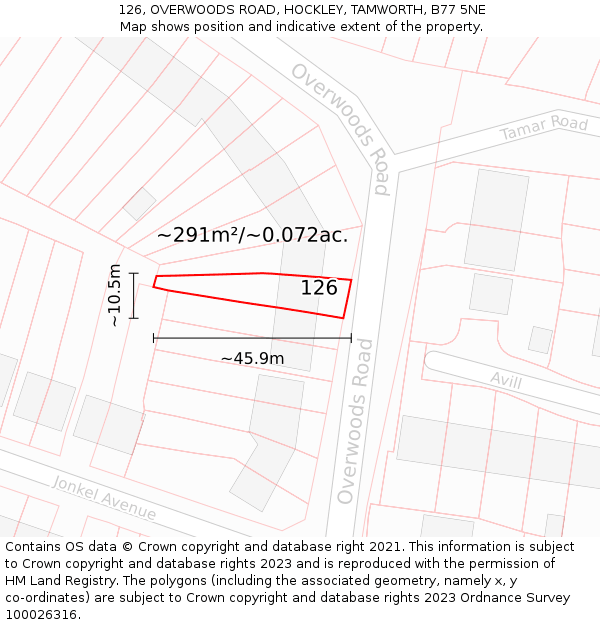 126, OVERWOODS ROAD, HOCKLEY, TAMWORTH, B77 5NE: Plot and title map