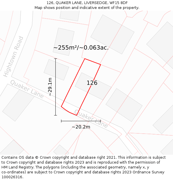 126, QUAKER LANE, LIVERSEDGE, WF15 8DF: Plot and title map