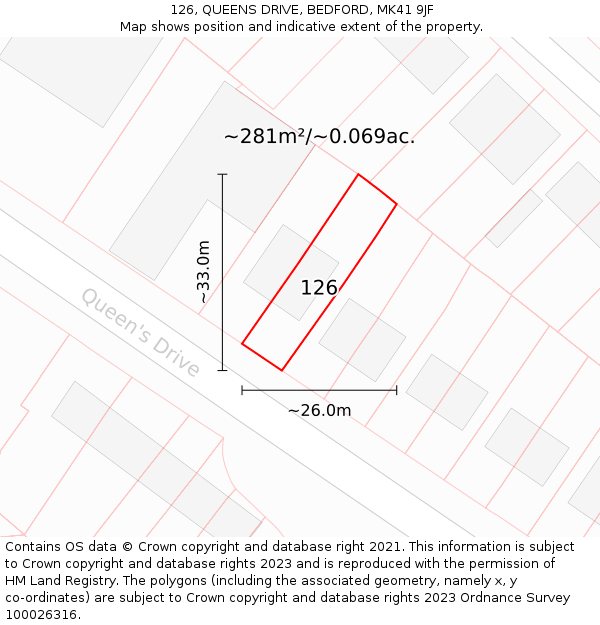 126, QUEENS DRIVE, BEDFORD, MK41 9JF: Plot and title map