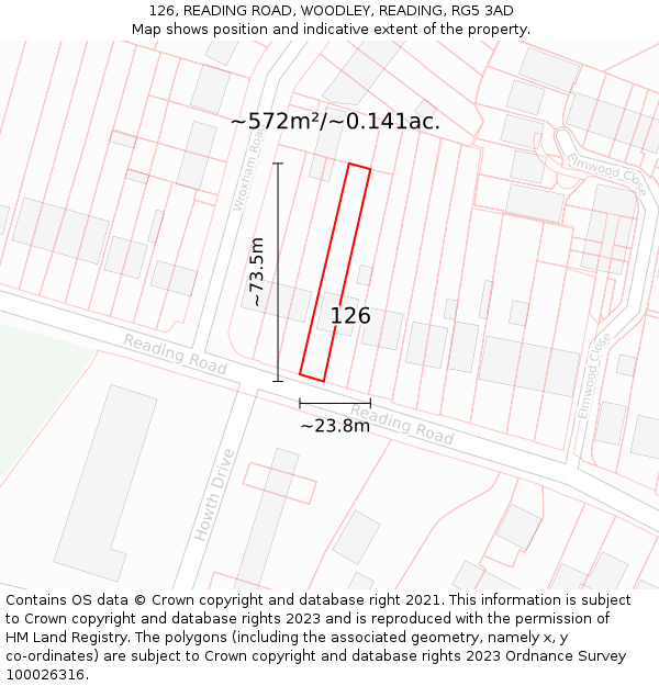 126, READING ROAD, WOODLEY, READING, RG5 3AD: Plot and title map