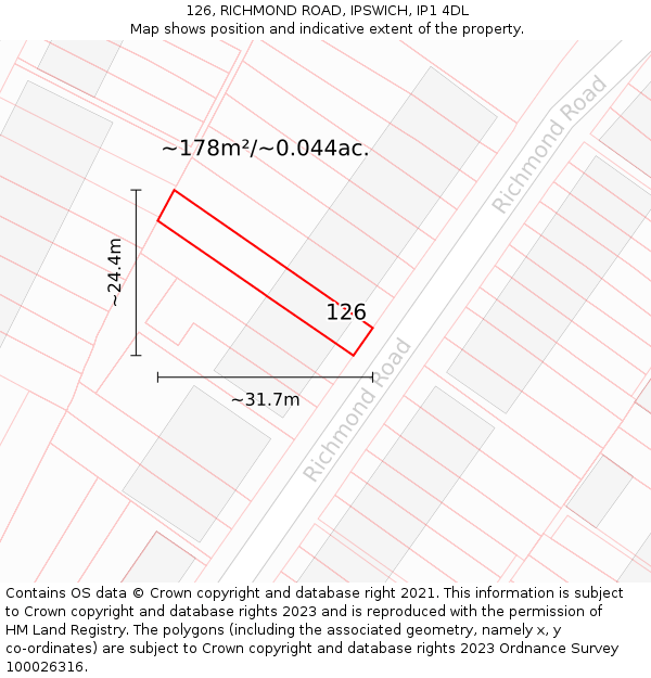 126, RICHMOND ROAD, IPSWICH, IP1 4DL: Plot and title map