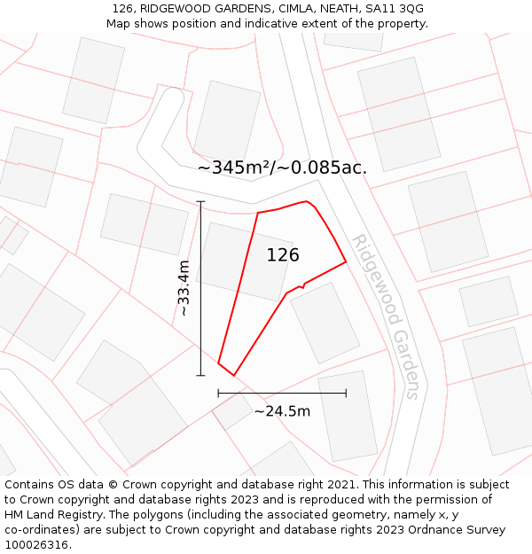 126, RIDGEWOOD GARDENS, CIMLA, NEATH, SA11 3QG: Plot and title map