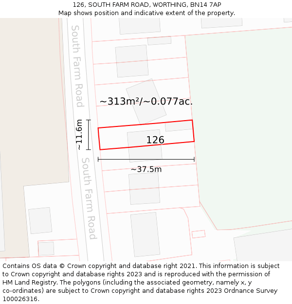 126, SOUTH FARM ROAD, WORTHING, BN14 7AP: Plot and title map