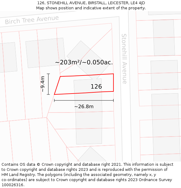 126, STONEHILL AVENUE, BIRSTALL, LEICESTER, LE4 4JD: Plot and title map