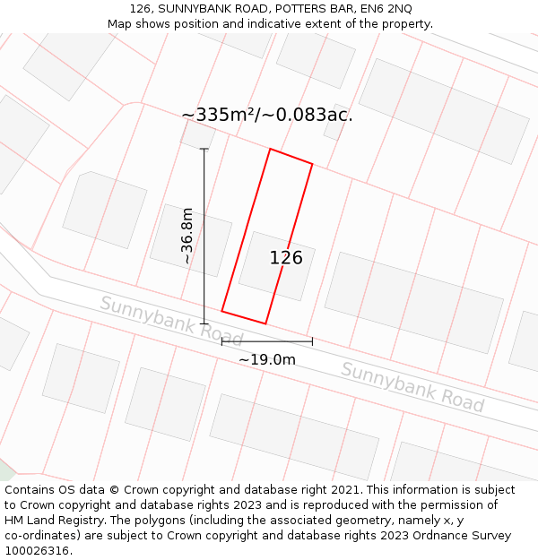 126, SUNNYBANK ROAD, POTTERS BAR, EN6 2NQ: Plot and title map