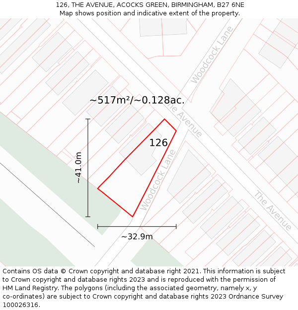 126, THE AVENUE, ACOCKS GREEN, BIRMINGHAM, B27 6NE: Plot and title map