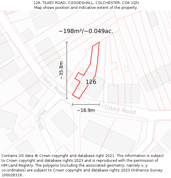 126, TILKEY ROAD, COGGESHALL, COLCHESTER, CO6 1QN: Plot and title map