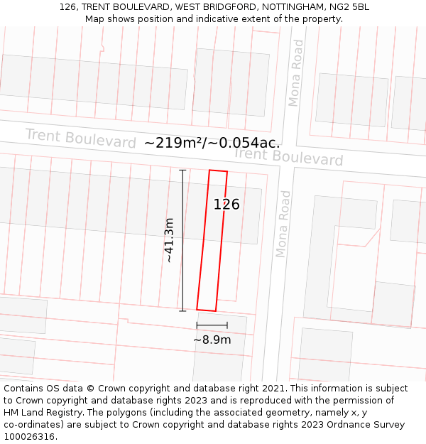 126, TRENT BOULEVARD, WEST BRIDGFORD, NOTTINGHAM, NG2 5BL: Plot and title map