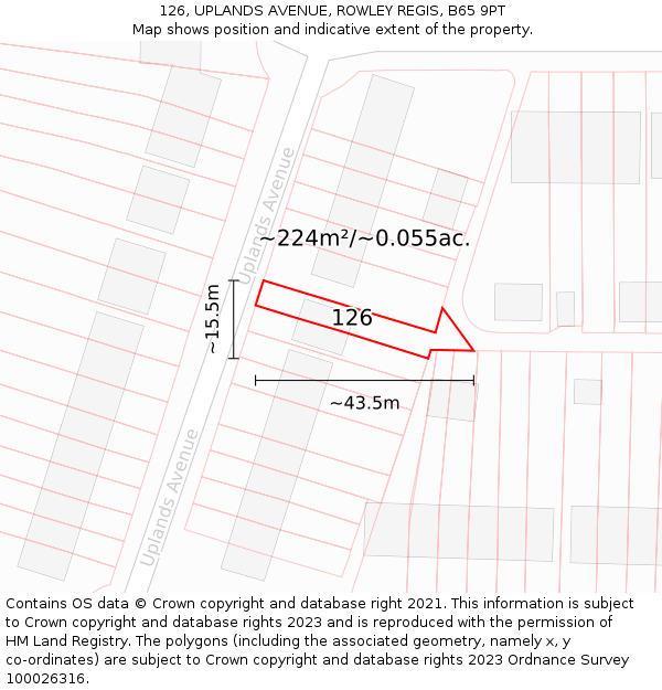 126, UPLANDS AVENUE, ROWLEY REGIS, B65 9PT: Plot and title map