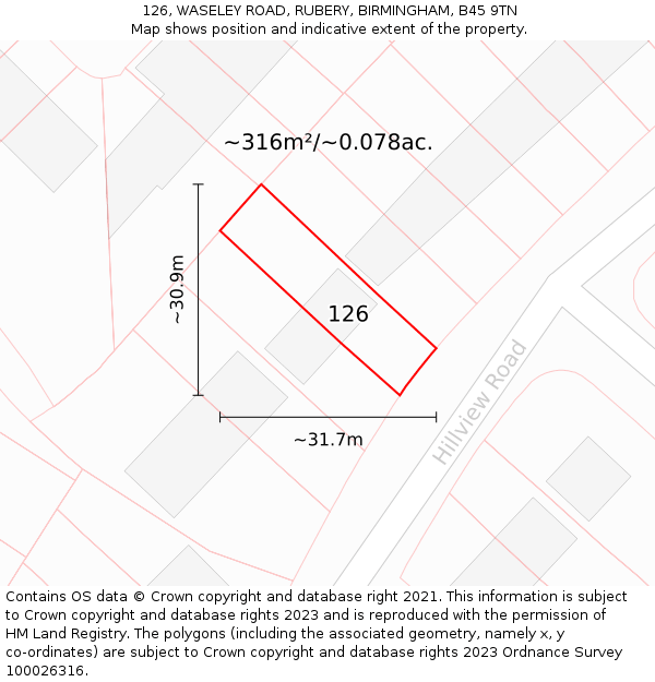 126, WASELEY ROAD, RUBERY, BIRMINGHAM, B45 9TN: Plot and title map