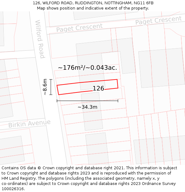 126, WILFORD ROAD, RUDDINGTON, NOTTINGHAM, NG11 6FB: Plot and title map