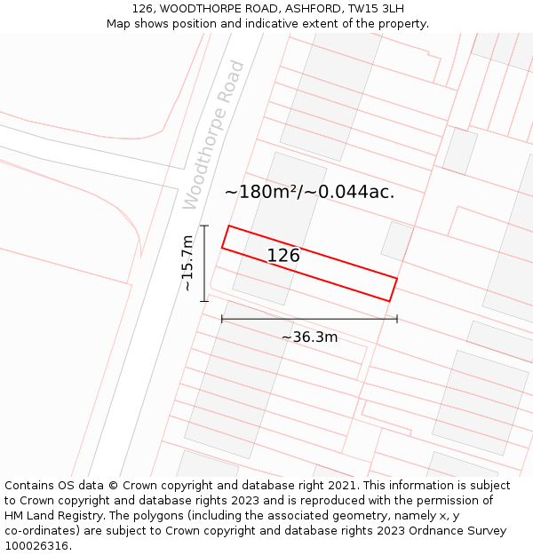 126, WOODTHORPE ROAD, ASHFORD, TW15 3LH: Plot and title map