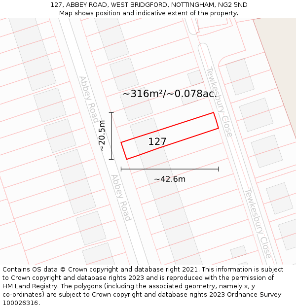 127, ABBEY ROAD, WEST BRIDGFORD, NOTTINGHAM, NG2 5ND: Plot and title map