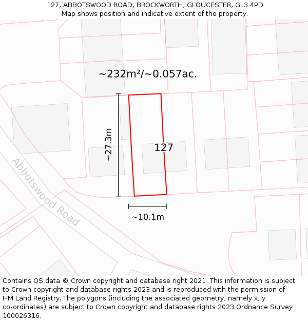 127, ABBOTSWOOD ROAD, BROCKWORTH, GLOUCESTER, GL3 4PD: Plot and title map