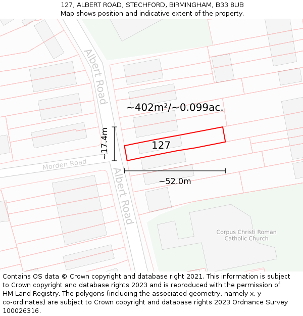 127, ALBERT ROAD, STECHFORD, BIRMINGHAM, B33 8UB: Plot and title map