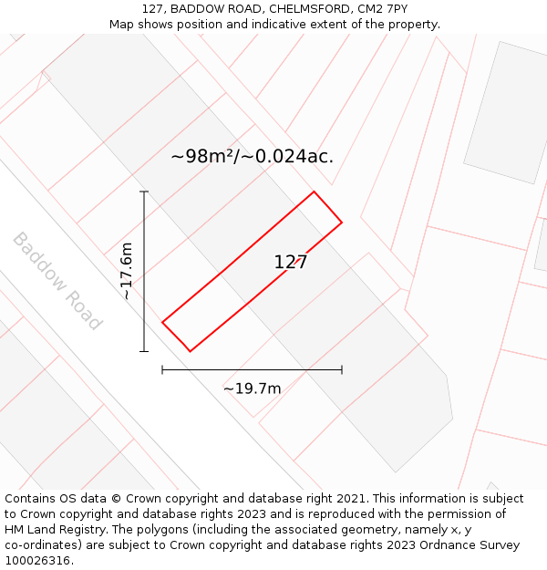 127, BADDOW ROAD, CHELMSFORD, CM2 7PY: Plot and title map