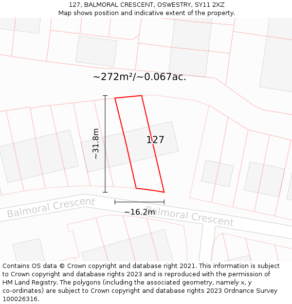 127, BALMORAL CRESCENT, OSWESTRY, SY11 2XZ: Plot and title map