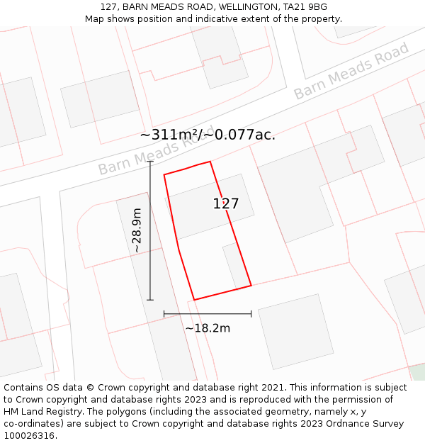 127, BARN MEADS ROAD, WELLINGTON, TA21 9BG: Plot and title map