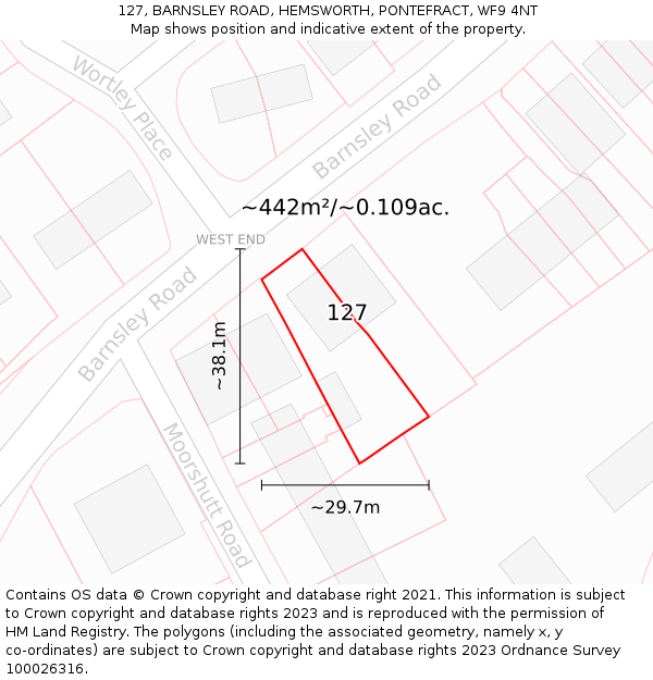 127, BARNSLEY ROAD, HEMSWORTH, PONTEFRACT, WF9 4NT: Plot and title map