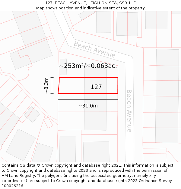 127, BEACH AVENUE, LEIGH-ON-SEA, SS9 1HD: Plot and title map