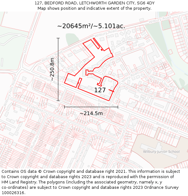 127, BEDFORD ROAD, LETCHWORTH GARDEN CITY, SG6 4DY: Plot and title map