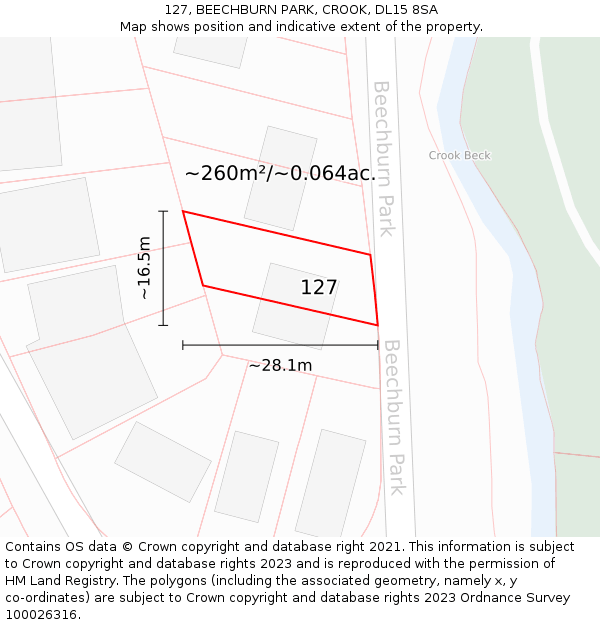 127, BEECHBURN PARK, CROOK, DL15 8SA: Plot and title map