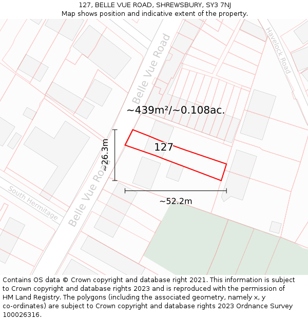 127, BELLE VUE ROAD, SHREWSBURY, SY3 7NJ: Plot and title map