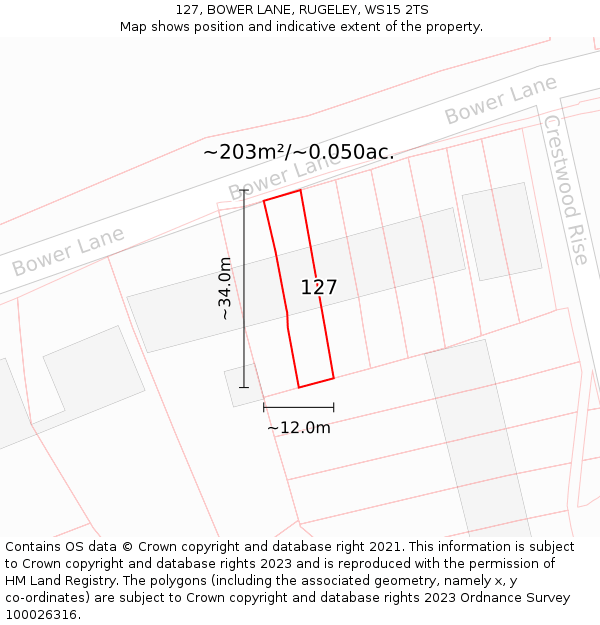 127, BOWER LANE, RUGELEY, WS15 2TS: Plot and title map