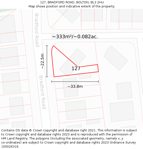 127, BRADFORD ROAD, BOLTON, BL3 2HU: Plot and title map