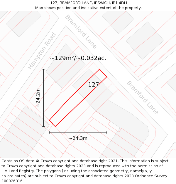 127, BRAMFORD LANE, IPSWICH, IP1 4DH: Plot and title map