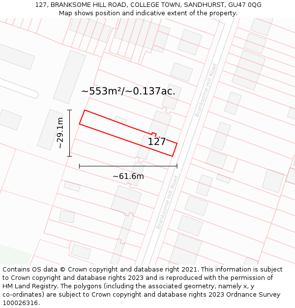 127, BRANKSOME HILL ROAD, COLLEGE TOWN, SANDHURST, GU47 0QG: Plot and title map