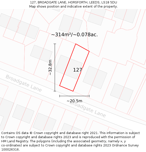 127, BROADGATE LANE, HORSFORTH, LEEDS, LS18 5DU: Plot and title map