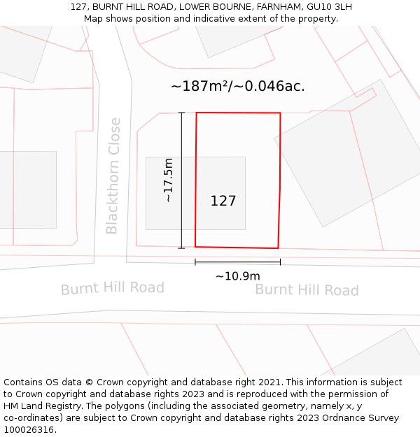 127, BURNT HILL ROAD, LOWER BOURNE, FARNHAM, GU10 3LH: Plot and title map