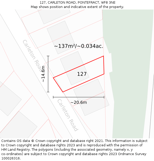 127, CARLETON ROAD, PONTEFRACT, WF8 3NE: Plot and title map