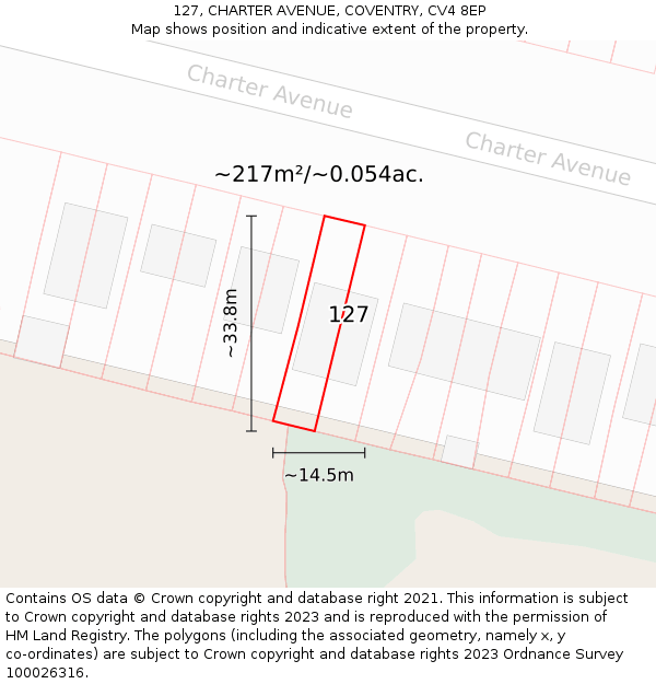 127, CHARTER AVENUE, COVENTRY, CV4 8EP: Plot and title map