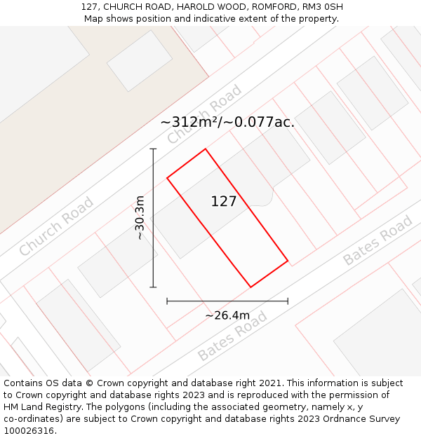 127, CHURCH ROAD, HAROLD WOOD, ROMFORD, RM3 0SH: Plot and title map