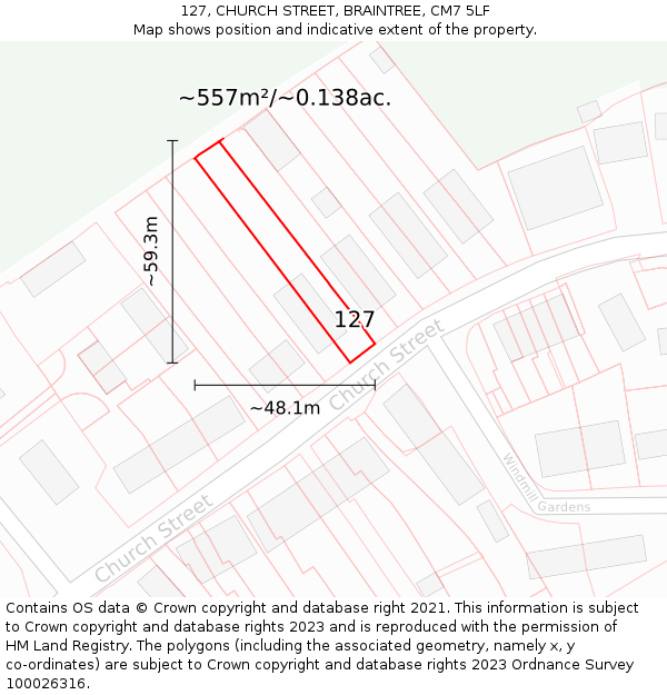 127, CHURCH STREET, BRAINTREE, CM7 5LF: Plot and title map