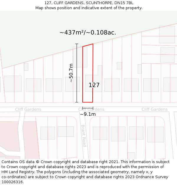 127, CLIFF GARDENS, SCUNTHORPE, DN15 7BL: Plot and title map