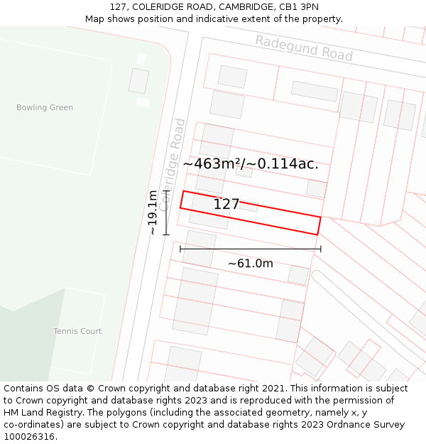 127, COLERIDGE ROAD, CAMBRIDGE, CB1 3PN: Plot and title map