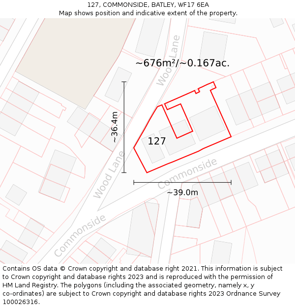 127, COMMONSIDE, BATLEY, WF17 6EA: Plot and title map