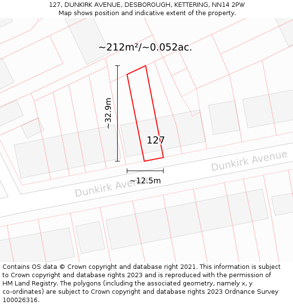 127, DUNKIRK AVENUE, DESBOROUGH, KETTERING, NN14 2PW: Plot and title map