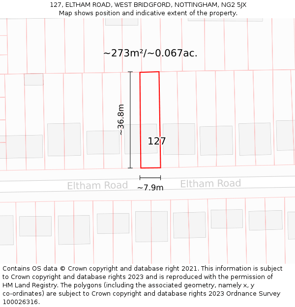 127, ELTHAM ROAD, WEST BRIDGFORD, NOTTINGHAM, NG2 5JX: Plot and title map