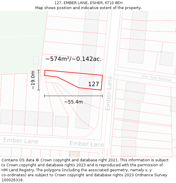 127, EMBER LANE, ESHER, KT10 8EH: Plot and title map