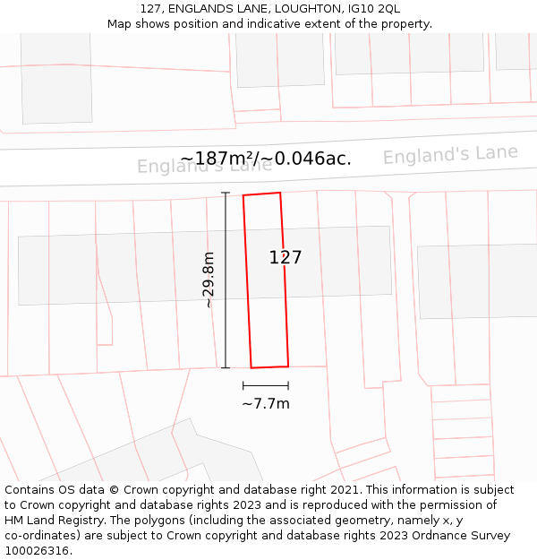 127, ENGLANDS LANE, LOUGHTON, IG10 2QL: Plot and title map