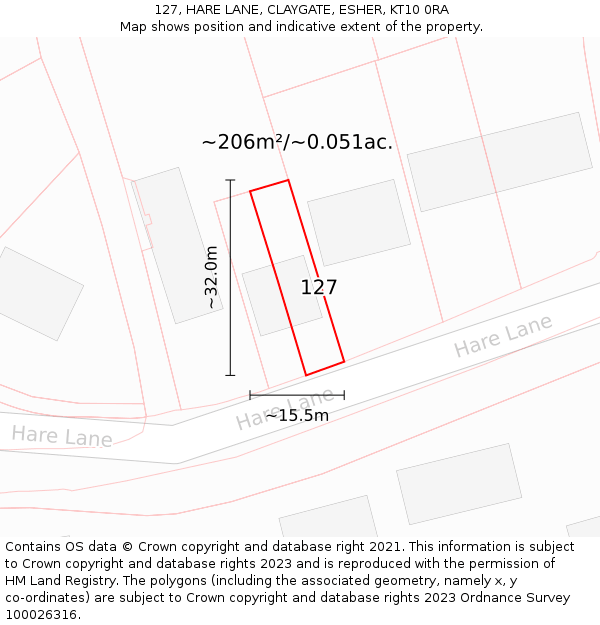 127, HARE LANE, CLAYGATE, ESHER, KT10 0RA: Plot and title map