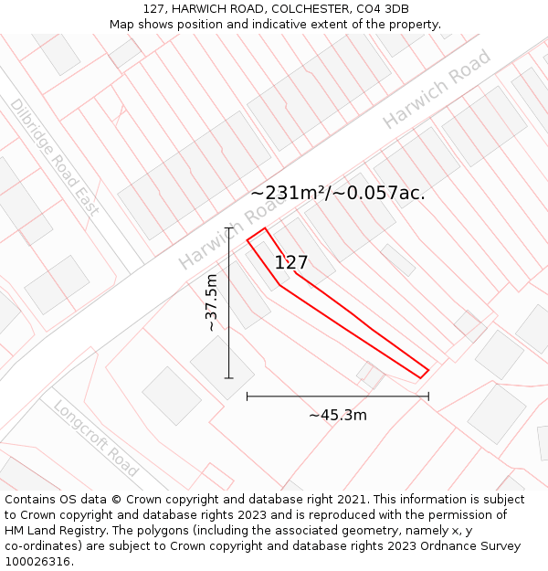 127, HARWICH ROAD, COLCHESTER, CO4 3DB: Plot and title map