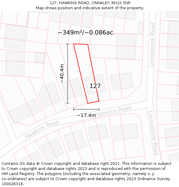 127, HAWKINS ROAD, CRAWLEY, RH10 5NP: Plot and title map