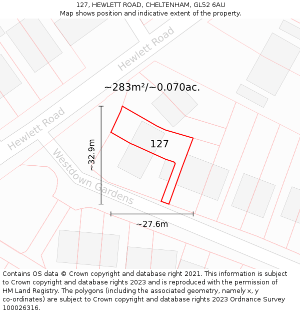 127, HEWLETT ROAD, CHELTENHAM, GL52 6AU: Plot and title map