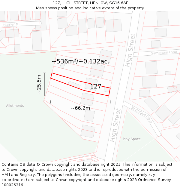 127, HIGH STREET, HENLOW, SG16 6AE: Plot and title map