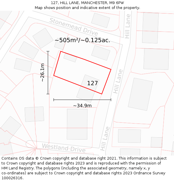 127, HILL LANE, MANCHESTER, M9 6PW: Plot and title map